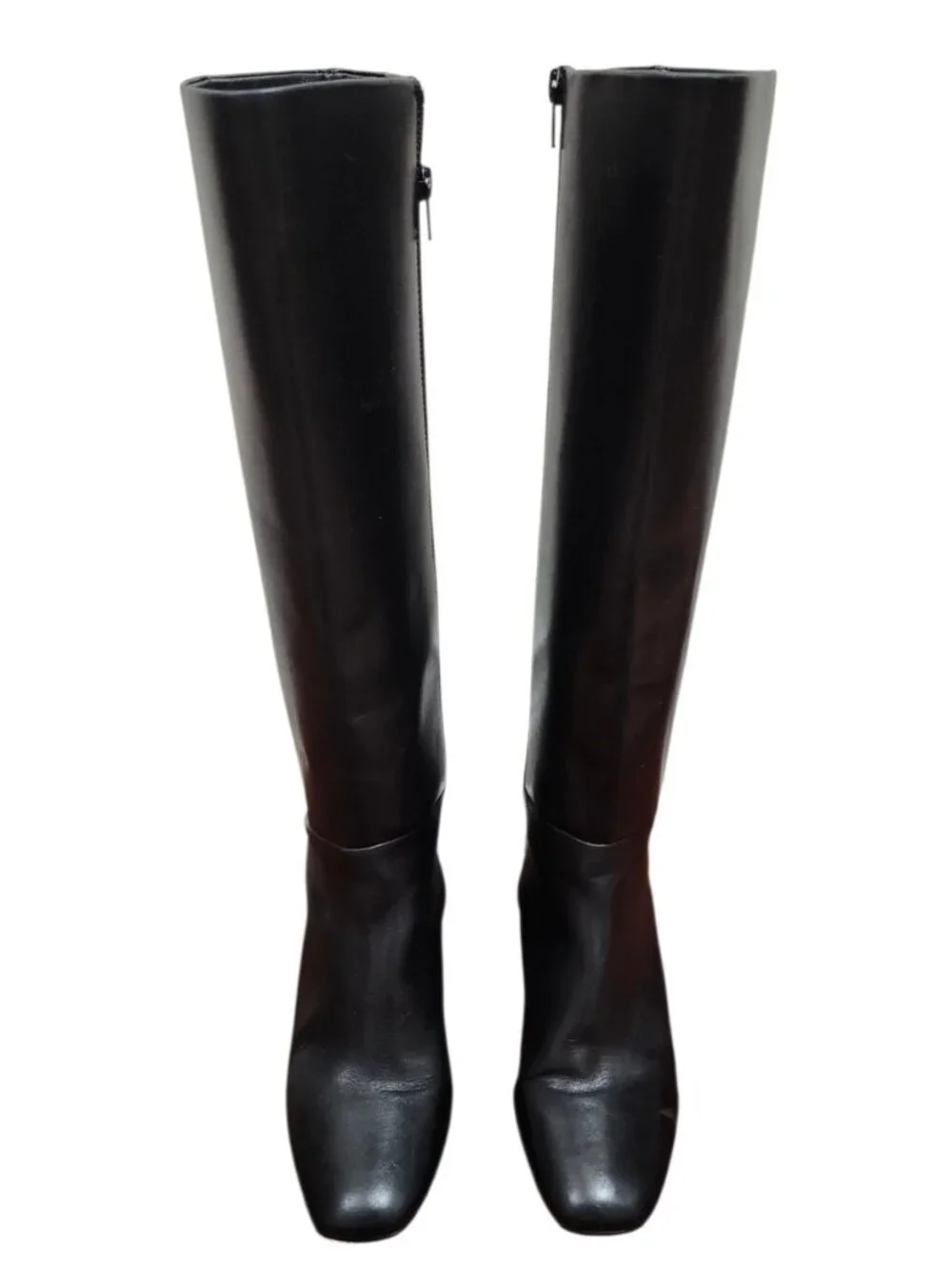 Paige Black Leather Knee High Boots Block Heel Minimalist Tall Zip Riding Boots